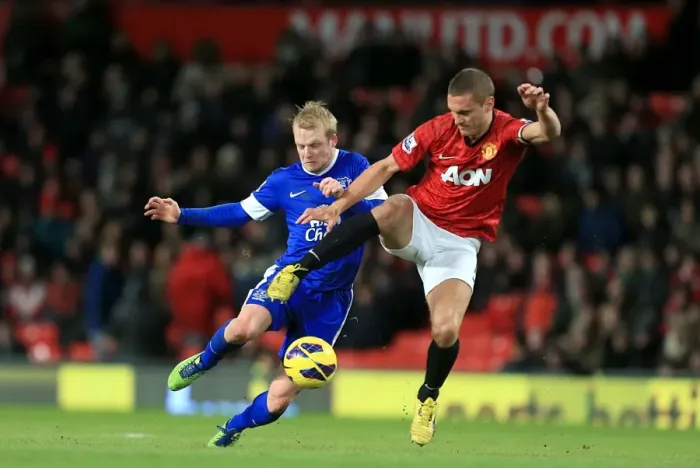 Framed Print : Naismith vs. Vidic: A Football Battle at Old Trafford (2-0, Manchester United vs. Everton, 10-02-2013)