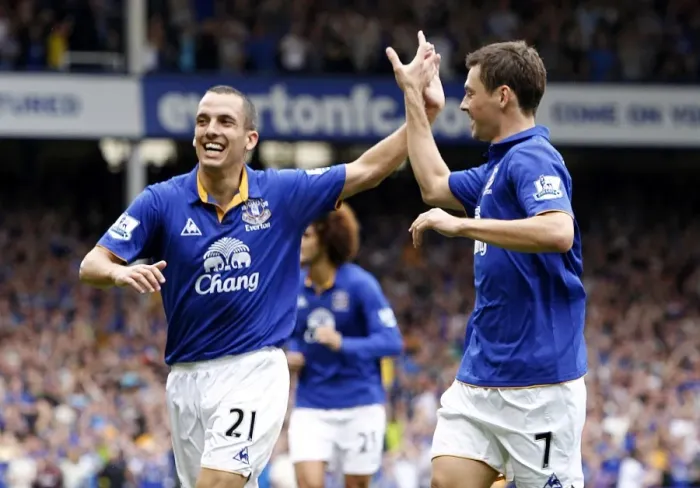 Framed Print : Osman and Bilyaletdinov: Everton's Jubilant First-Goal Reaction vs Aston Villa (10.09.2011, Premier League)