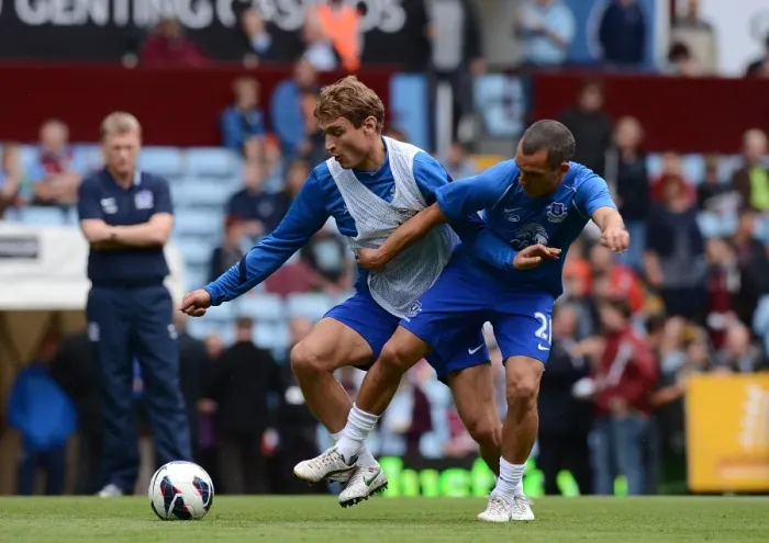 Framed Print : Osman and Jelavic Go Head-to-Head: Intense Warm-Up Before Aston Villa vs Everton (25-08-2012)