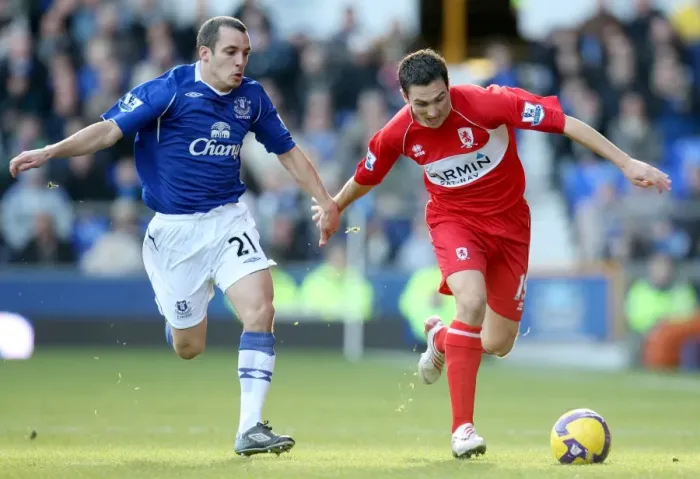 Framed Print : Osman vs Downing: Everton vs Middlesbrough in Premier League Action, November 2008 Framed Print : Osman vs Downing: Everton vs Middlesbrough in Premier League Action, November 2008