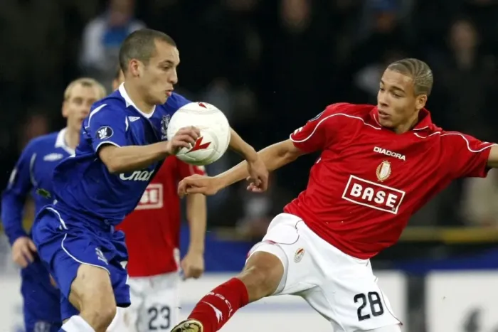 Framed Print : Osman vs. Witsel: Battle in the UEFA Cup - Everton's Leon Osman Clashes with Standard Liege's Axel Witsel