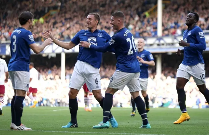 Framed Print : Phil Jagielka's Thriller: Everton's Opening Goal in Premier League Clash Against Aston Villa at Goodison Park