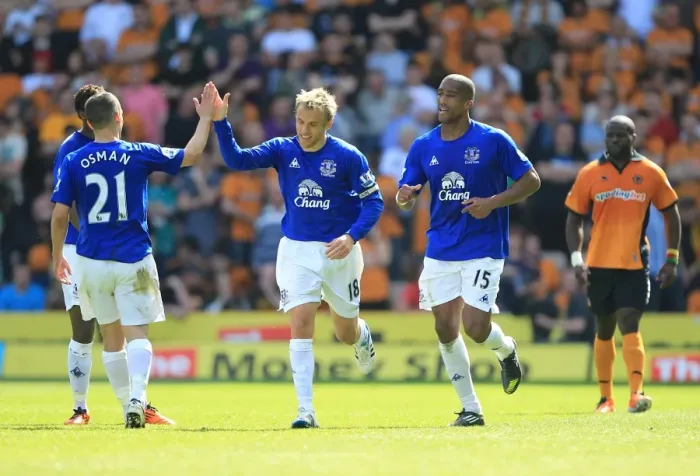 Framed Print : Phil Neville's Double Strike: Everton Celebrates Over Wolverhampton Wanderers Framed Print : Phil Neville's Double Strike: Everton Celebrates Over Wolverhampton Wanderers