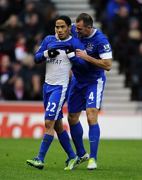 Pienaar and Gibson Celebrate Shawcross Own Goal: Everton vs. Stoke City (1-1, Barclays Premier League, December 15, 2012)