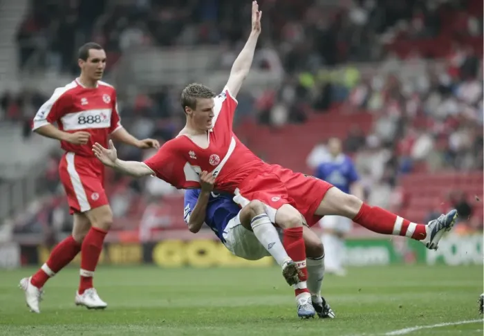Framed Print : The Riverside Stadium -Middlesbroughs Robert Huth is pulled to ground by Simon Davies of Everton Framed Print : The Riverside Stadium -Middlesbroughs Robert Huth is pulled to ground by Simon Davies of Everton