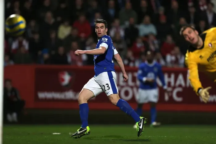 Framed Print : Seamus Coleman Scores Everton's Fourth Goal in FA Cup Third Round Against Cheltenham Town (07-01-2013)