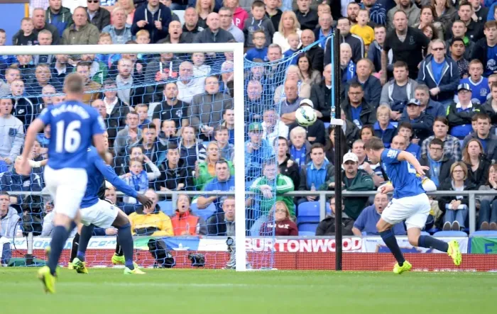 Framed Print : Seamus Coleman Scores Opening Goal: Everton vs. Arsenal, Barclays Premier League - Goodison Park