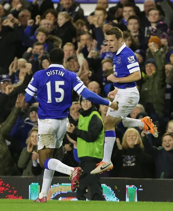 Framed Print : Seamus Coleman and Sylvain Distin: Everton's Unstoppable Duo Celebrate Second Goal Against Fulham (14-12-2013, Goodison Park) Framed Print : Seamus Coleman and Sylvain Distin: Everton's Unstoppable Duo Celebrate Second Goal Against Fulham (14-12-2013, Goodison Park)