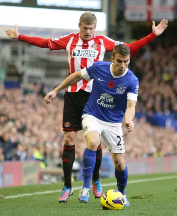 Framed Print : Seamus Coleman vs. James McClean: A Pivotal Battle in Everton's 2-1 Victory over Sunderland (10-11-2012, Goodison Park)