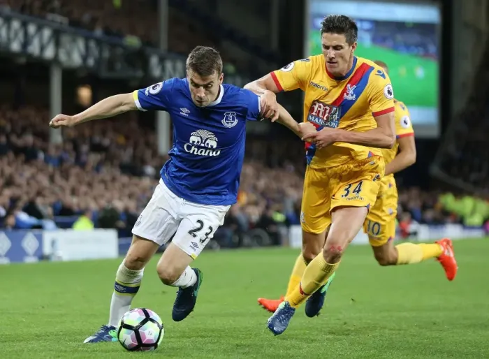 Framed Print : Seamus Coleman vs. Martin Kelly: Intense Battle at Goodison Park - Everton vs. Crystal Palace, Premier League Framed Print : Seamus Coleman vs. Martin Kelly: Intense Battle at Goodison Park - Everton vs. Crystal Palace, Premier League