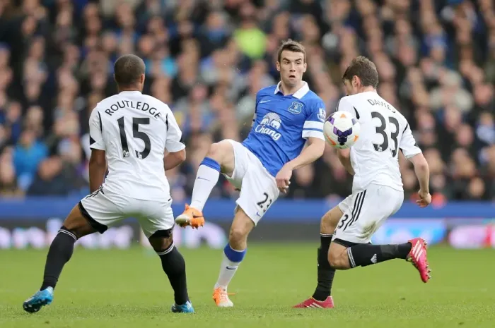 Framed Print : Seamus Coleman's Pass Thwarted: Everton's 3-2 Victory Over Swansea City (Goodison Park, 22-03-2014) Framed Print : Seamus Coleman's Pass Thwarted: Everton's 3-2 Victory Over Swansea City (Goodison Park, 22-03-2014)