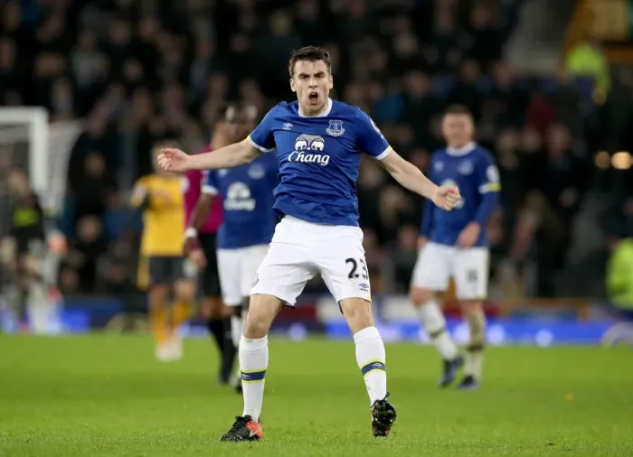 Framed Print : Seamus Coleman's Thrilling Goal: Everton Takes the Lead Against Arsenal at Goodison Park