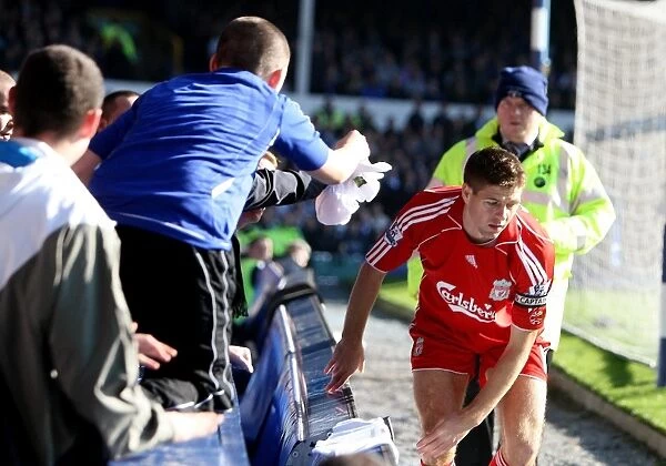 Steven Gerrard Charges Towards Everton Fans: The Intense Moment at Goodison Park During the Everton vs. Liverpool Derby (2007)
