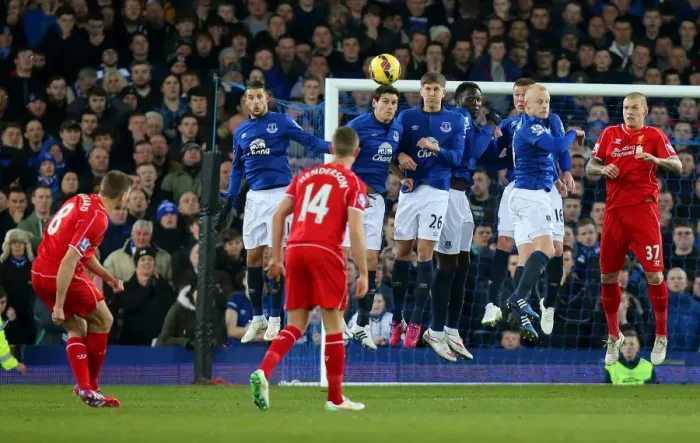 Framed Print : Steven Gerrard's Free Kick Showdown: Everton's Wall Braces at Goodison Park Framed Print : Steven Gerrard's Free Kick Showdown: Everton's Wall Braces at Goodison Park