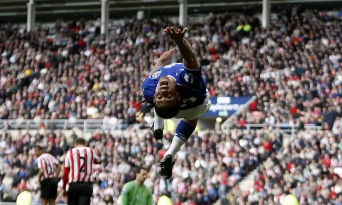 Framed Print : Steven Pienaar's Euphoric Moment: Scoring First Goal for Everton Against Sunderland in 2008-09 Premier League Framed Print : Steven Pienaar's Euphoric Moment: Scoring First Goal for Everton Against Sunderland in 2008-09 Premier League