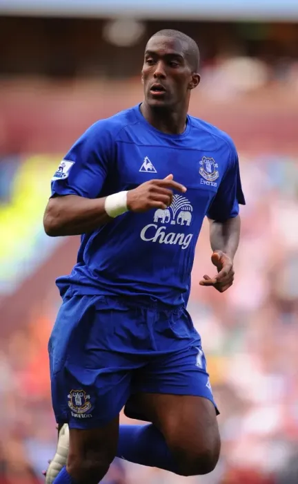 Framed Print : Sylvain Distin vs. Aston Villa: Everton's Defender Stands Firm in Barclays Premier League Clash (29 August 2010)