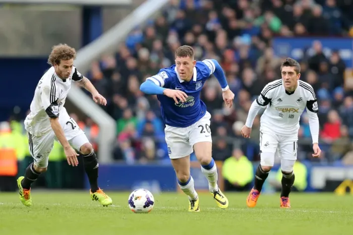 Framed Print : Thrilling Run: Ross Barkley's Maze Dash Past Swansea City's Defense - Everton vs Swansea City, Barclays Premier League (22-03-2014)