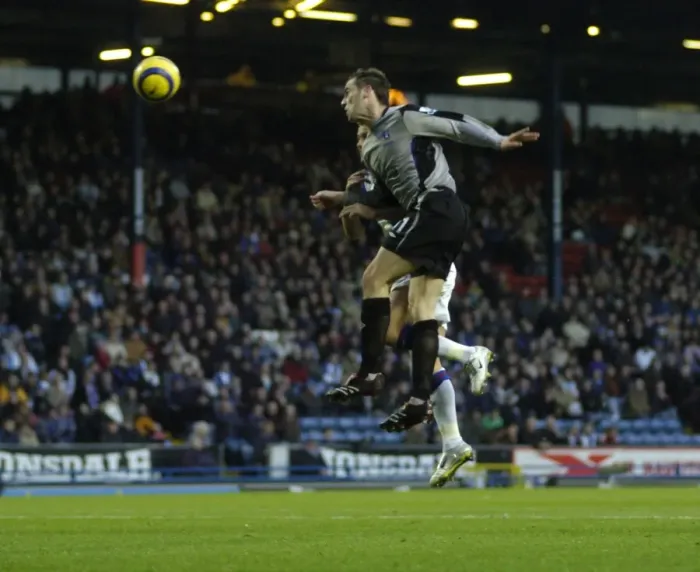 Framed Print : Thundering Header: James McFadden Scores the First Goal for Everton FC