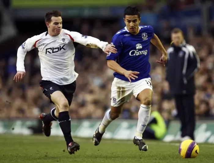 Framed Print : Tim Cahill vs Danny Guthrie: A Premier League Battle at Goodison Park, 2007 - Everton vs Bolton Wanderers