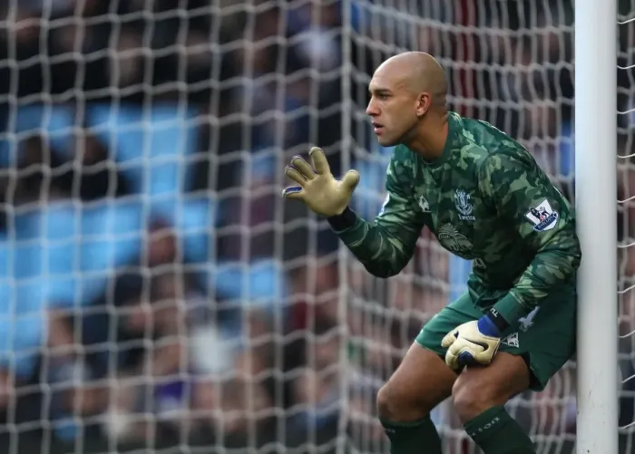 Framed Print : Tim Howard in Action: Premier League Showdown - Everton vs. Aston Villa (January 2012)