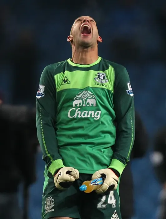 Framed Print : Tim Howard's Triumph: Everton's Goalkeeper Rejoices in Manchester City Victory (2010 Barclays Premier League) Framed Print : Tim Howard's Triumph: Everton's Goalkeeper Rejoices in Manchester City Victory (2010 Barclays Premier League)