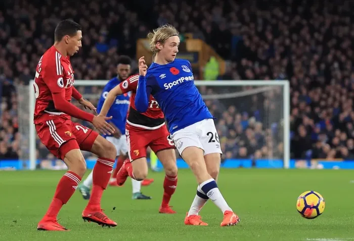 Framed Print : Tom Davies of Everton in Action against Watford at Goodison Park, Premier League Framed Print : Tom Davies of Everton in Action against Watford at Goodison Park, Premier League