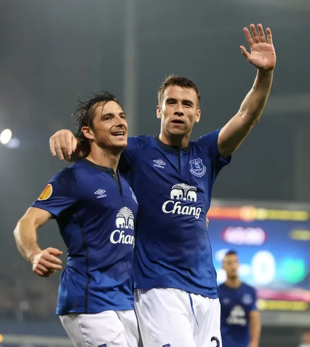 Framed Print : United in Triumph: Coleman and Baines Celebrate Everton's Europa League Goals (vs FK Krasnodar)