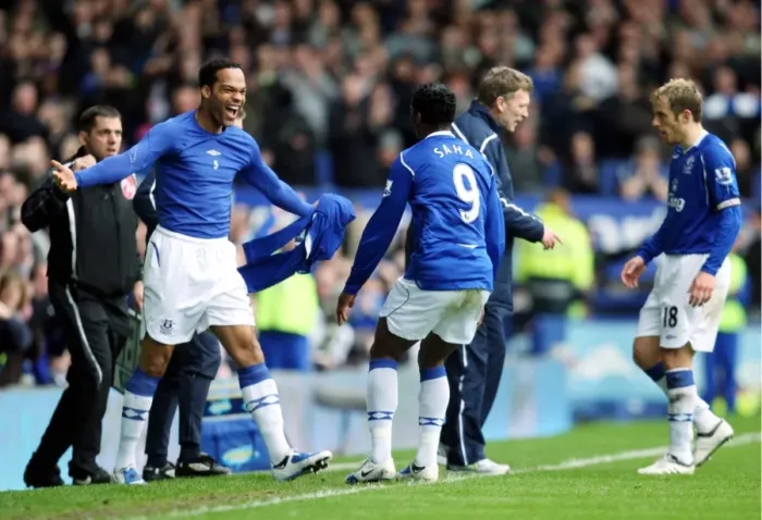 Framed Print : Unstoppable Everton: Saha and Lescott's Euphoric 2-0 Goal Celebration (08 / 09 Premier League)