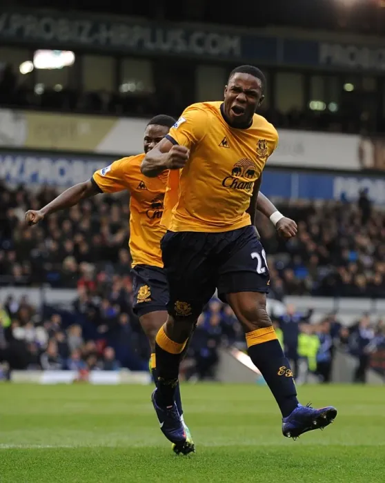 Framed Print : Victor Anichebe Scores Opening Goal for Everton Against West Bromwich Albion (01.01.2012) Framed Print : Victor Anichebe Scores Opening Goal for Everton Against West Bromwich Albion (01.01.2012)