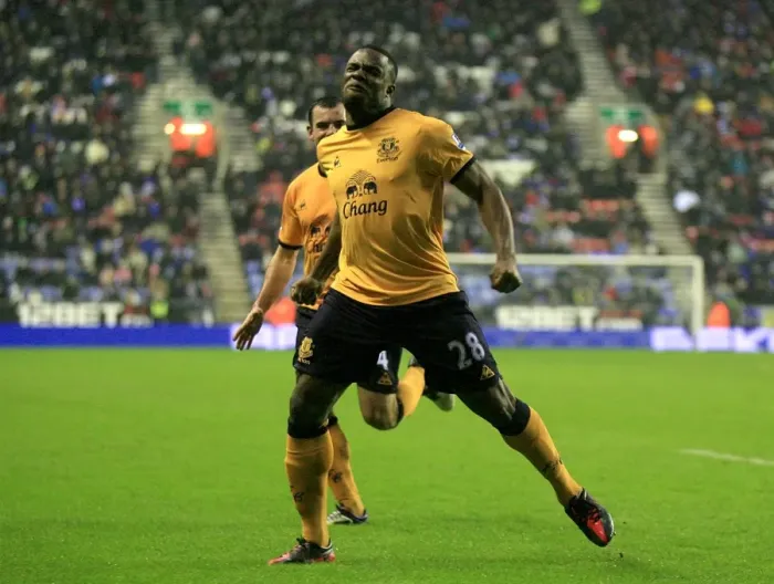 Framed Print : Victor Anichebe's Thrilling Goal Celebration: Everton's First Goal Against Wigan Athletic in Premier League (04 February 2012) Framed Print : Victor Anichebe's Thrilling Goal Celebration: Everton's First Goal Against Wigan Athletic in Premier League (04 February 2012)