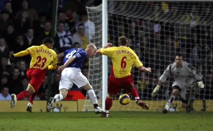 Framed Print : Watford v Everton - Andrew Johnson goes down in the penalty area to win a penalty