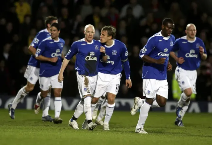 Framed Print : Watford v Everton - Andy Johnson celebrates with Phil Neville after scoring the second goal
