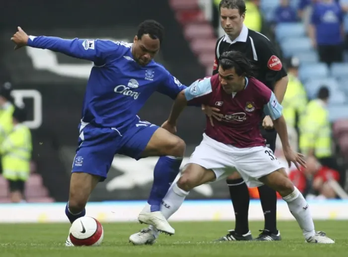 Framed Print : West Ham United v Everton Carlos Tevez with Joleon Lescott