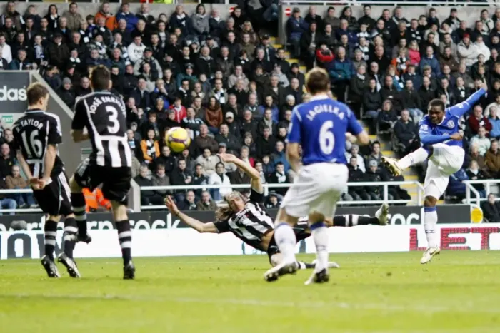 Framed Print : Yobo's Striking Moment: Everton vs. Newcastle United, Barclays Premier League, 2008-09 Season