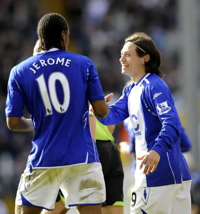 Framed Print : Zarate and Jerome Celebrate First Goal for Birmingham City Against Everton (April 12, 2008) Framed Print : Zarate and Jerome Celebrate First Goal for Birmingham City Against Everton (April 12, 2008)