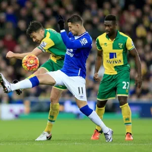 Battle for the Ball: Mirallas vs. Martin at Carrow Road - Norwich City vs. Everton, Barclays Premier League Battle for the Ball: Mirallas vs. Martin at Carrow Road - Norwich City vs. Everton, Barclays Premier League