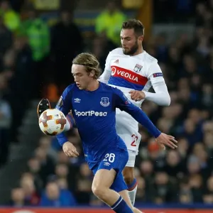Battle for the Ball: Tom Davies vs. Lucas Tousart in UEFA Europa League Group E - Everton vs. Olympique Lyonnais at Goodison Park Battle for the Ball: Tom Davies vs. Lucas Tousart in UEFA Europa League Group E - Everton vs. Olympique Lyonnais at Goodison Park