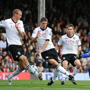 Determined Moment: Seamus Coleman's Striker Under Pressure for Everton Against Fulham (2010, Barclays Premier League, Craven Cottage) Determined Moment: Seamus Coleman's Striker Under Pressure for Everton Against Fulham (2010, Barclays Premier League, Craven Cottage)