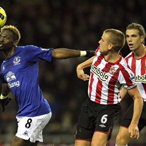 Determined Victory: Louis Saha Outmuscles Lee Cattermole in Everton's Triumph over Sunderland (November 2010, Barclays Premier League)