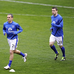 Everton FC: Osman and Coleman Warming Up Ahead of Everton vs. QPR (13-04-2013)