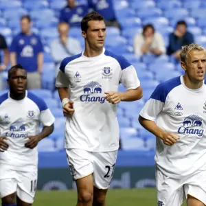 Everton FC: Pre-Match Training - Royston Drenthe, Apostolos Vellios, and Phil Neville at Goodison Park