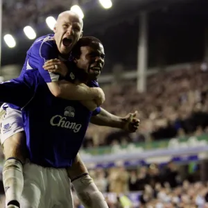 Everton v Fulham Victor Anichebe celebrates his goal with Andrew Johnson