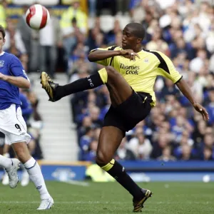 Everton v Manchester City James Beattie of Everton in action against Sylvain Distin of Manchester City