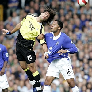 Everton v Manchester City Manchester Citys Georgios Samaras challanges for a header with Everton s