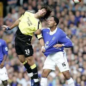 Everton v Manchester City Manchester Citys Georgios Samaras challanges for a header with Everton s Everton v Manchester City Manchester Citys Georgios Samaras challanges for a header with Everton s