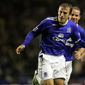 Everton v Newcastle United Phil Neville celebrates after scoring his teams third goal of the game