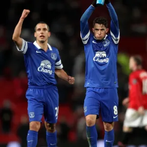 Everton's Bryan Oviedo and Leon Osman: Celebrating a Historic Upset at Old Trafford - Manchester United 0-1 Everton (December 4, 2013, Barclays Premier League) Everton's Bryan Oviedo and Leon Osman: Celebrating a Historic Upset at Old Trafford - Manchester United 0-1 Everton (December 4, 2013, Barclays Premier League)