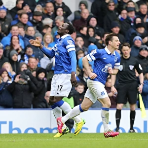 Everton's Double Delight: Lukaku and Baines Celebrate Second Goal vs Swansea (22-03-2014)