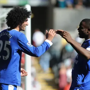 Everton's Fellaini and Anichebe: Celebrating a Goal in Everton's 3-0 Victory Over Swansea City (September 22, 2012) Everton's Fellaini and Anichebe: Celebrating a Goal in Everton's 3-0 Victory Over Swansea City (September 22, 2012)
