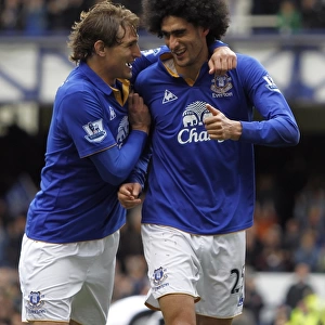 Everton's Fellaini and Jelavic: A Dynamic Duo Celebrates Their Second Goal vs. Fulham (April 2012, Goodison Park)
